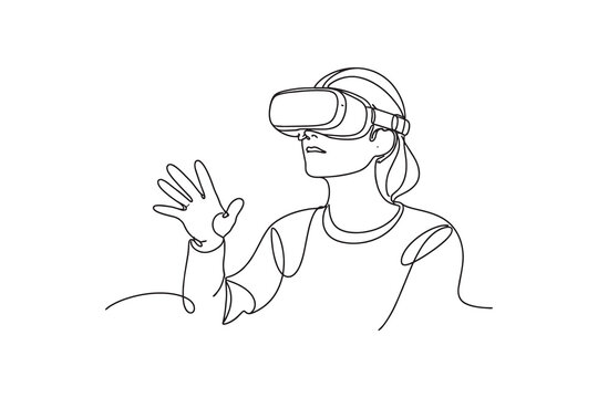 Woman Using Virtual Reality Headset One Line Drawing, Minimal VR Illustration