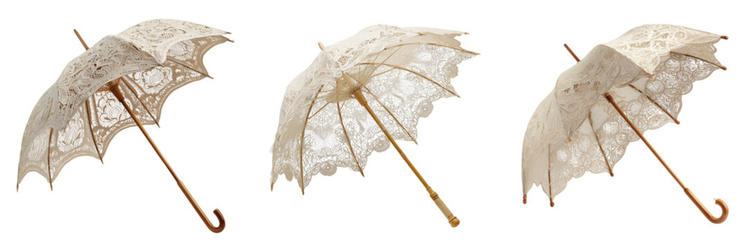 Set of Vintage style lace wedding parasol, adult size 30 inches, intricate hand-stitched lace pattern, open umbrella view from front angle on transparent png background. Ai generated