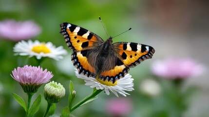 Obraz premium Colorful butterfly perched on white flower surrounded by pink daisies in a vibrant garden during early spring, showcasing nature's beauty and diversity