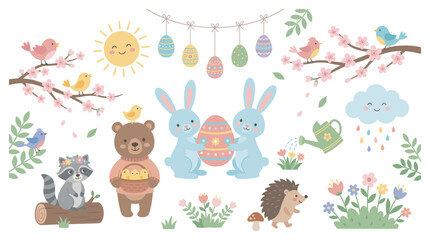 Obraz premium Cute spring Easter animal character collection with colorful elements like bunnies, birds, bear, raccoon, hedgehog, flowers, and eggs.
