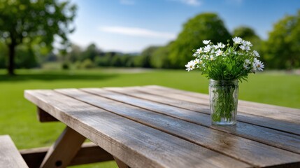 Fototapeta premium Fresh white daisies in a glass jar placed on a wooden picnic table in a lush green park during early spring with trees and blue sky in the background