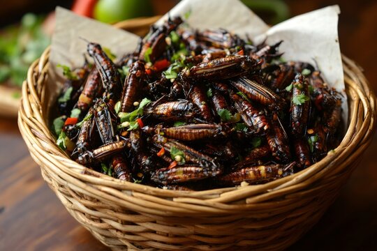 Fried chapulines insects with spices and cilantro in basket