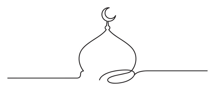 Continuous line drawing mosque dome crescent moon symbol representing Islamic faith and culture in a minimalist artistic style.