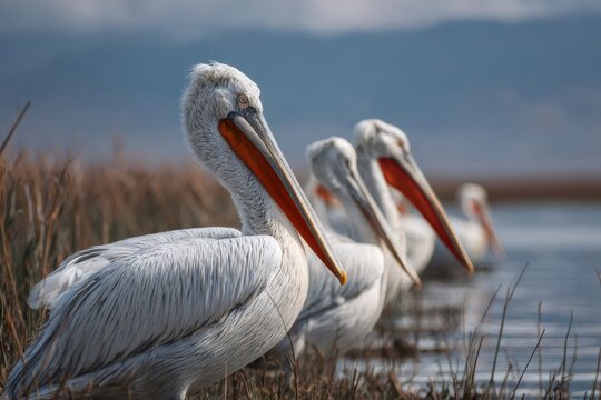 Dalmatian pelicans standing in line on wetland shore