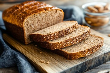 Sliced whole grain bread with sesame seeds on wooden board