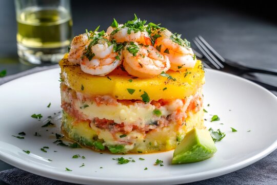 Peruvian causa rellena with shrimp and avocado