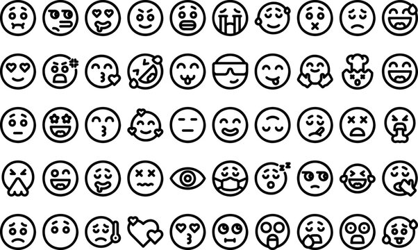 Collection of diverse emoticon faces illustrating various emotions and expressions in a simple line art style.