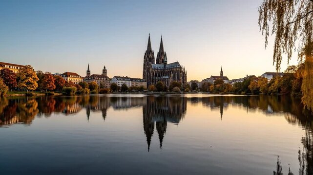 Scenic panorama of Cologne Cathedral reflected in the calm waters of the lake during sunset with the cityscape and trees