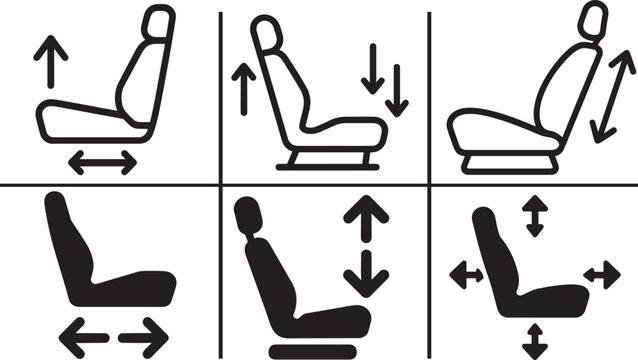Car seat adjustment icon vector outline set. Editable automotive control symbol graphic.