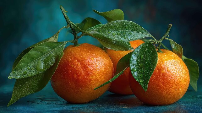Stacked oranges with leaves attached