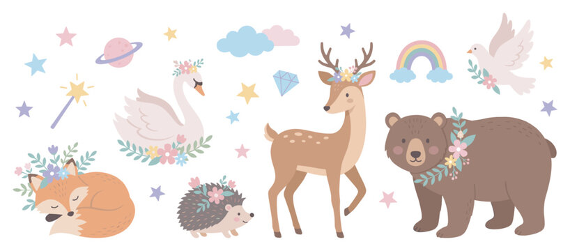 Cute woodland animals and magical elements are beautifully illustrated in a charming pastel collection for kids' projects.