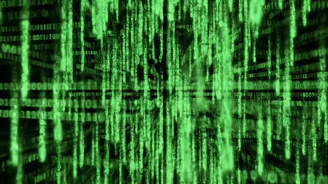 Abstract digital rain of green binary code on a dark background