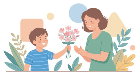 Obraz premium Young boy gives woman beautiful pink flowers as a heartfelt gesture of love and appreciation on a special day.