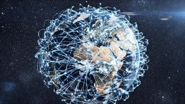 A glowing network wraps around Earth in space, showcasing global connections