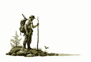 Obraz premium Man with backpack and walking stick standing on rocky coastline with grass, gazing at small bird flying near the water's edge under a clear sky