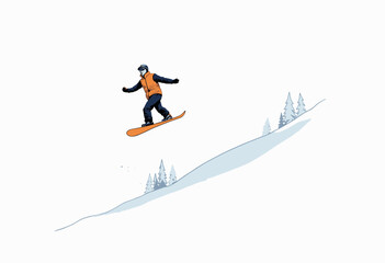 Fototapeta premium Person snowboarding down a steep snowy hill wearing an orange vest, performing a jump with snowy trees in the background under a clear sky