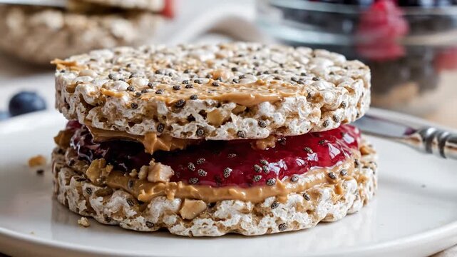 Peanut butter and jelly rice cakes with chia seeds being spread