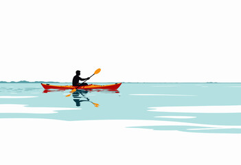 Serene Kayaking Adventure on Calm Waters Featuring Lone Paddler in Vibrant Red Kayak Under Expansive Blue Skies Reflecting Tranquil Natural Beauty