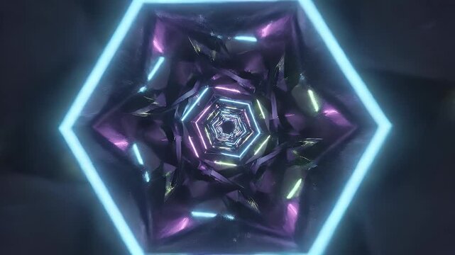 Abstract tunnel with glowing hexagonal shapes and reflections. Dark purple and blue hues create depth