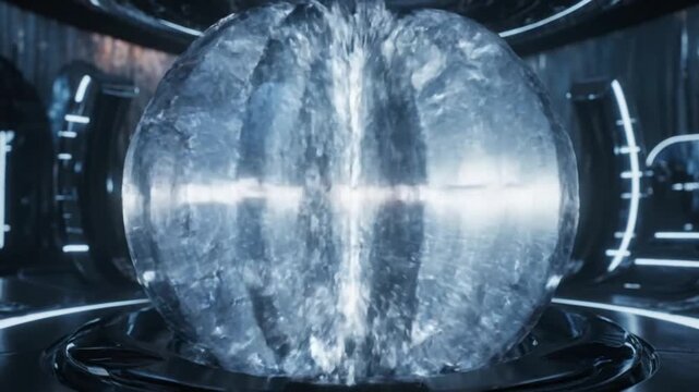 Futuristic glowing crystalline energy core with intricate textured surface design stands prominently within an advanced dark metallic chamber, emanating powerful light and technological mystery.