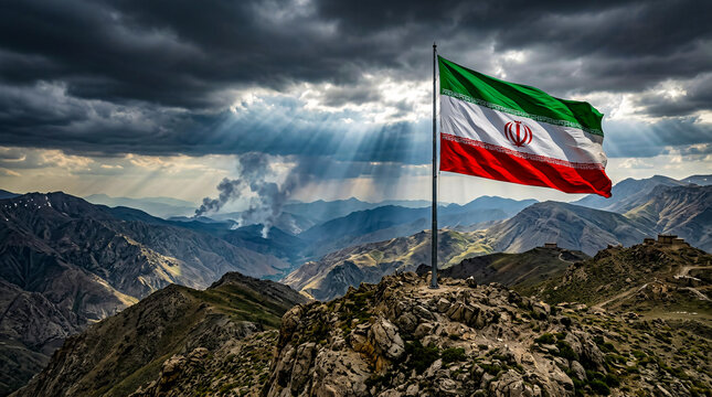 Large Iranian Flag Waving on Top of High Mountains Under Dramatic Cloudy Sky with Sun Rays