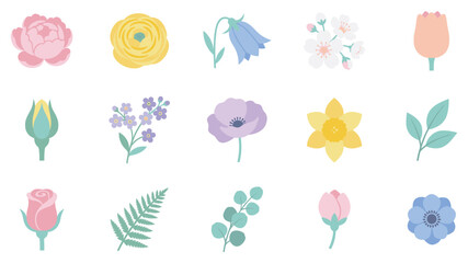 Obraz premium Charming assortment of flat design spring flowers and botanical elements in soft pastel colors, perfect for seasonal decoration.