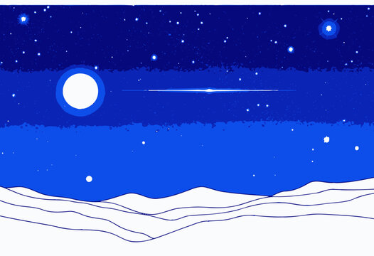 Night Sky with Bright Full Moon Over Snowy Hills and Shooting Star Under a Clear, Starlit Sky Inspiring Awe and Wonderment of the Cosmic Universe