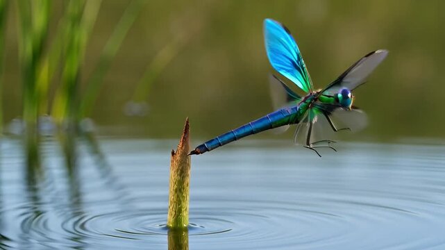 Close up of a vibrant dragonfly perched above water surface