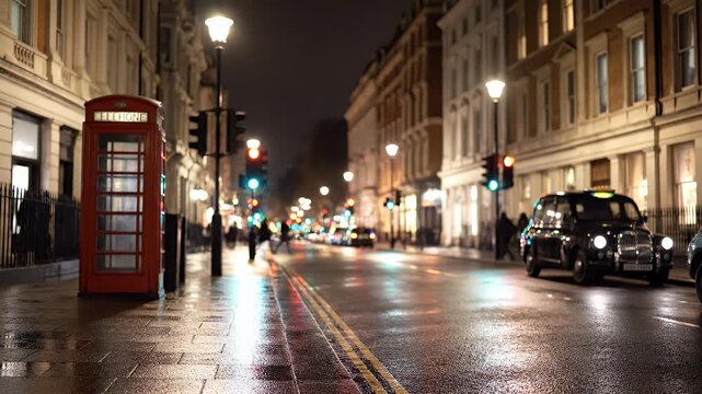 Night scene of a wet city street with a red phone booth and blurred lights