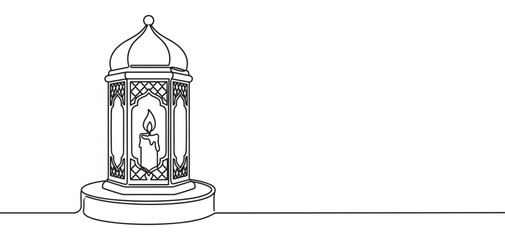 Obraz premium Ornate lantern with a lit candle drawn in a continuous single line art style, symbolizing celebration and tradition.