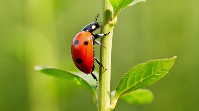 Close up of a vibrant red ladybug perched on a green plant stem