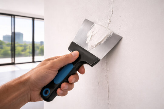 Closeup of hand applying filler to wall crack using a putty knife, representing home repair, maintenance work, renovation projects, and interior improvement.