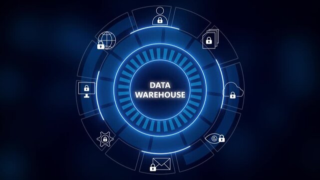 Glowing blue circular data-warehouse interface with central 'DATA WAREHOUSE' text, radial rings and security icons on dark background