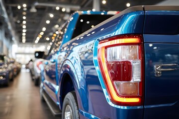 Closeup of blue pickup trucks taillight in a car dealership with other vehicles in the background