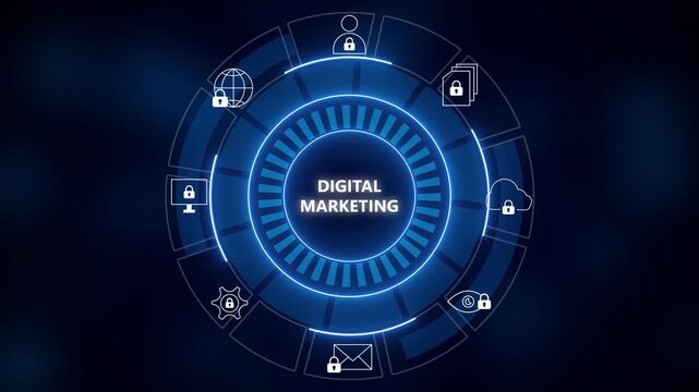 Futuristic blue circular interface with 'digital marketing' center, icons around, dark background
