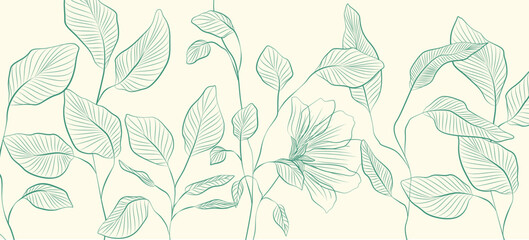 Art background with leaves on branches and a line-style flower in green tones. Botanical banner for decor, prints, textiles, wallpaper, and interior design.