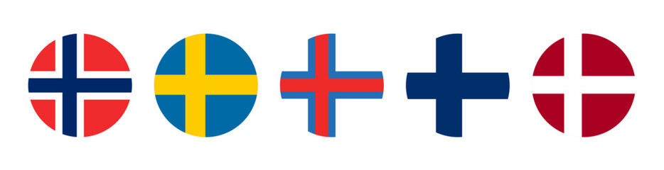 Scandinavian Official Flags Round Icons Set Finland, Denmark, Sweden, Norway, Iceland, Faroe Islands