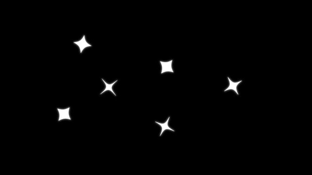 Glowing 2D twinkle star sparkle animation, doodle cartoon twinkling stars with fireworks glitter burst effect, flat vector doodle sparkle, retro sparkle particle movement on black screen. 4K video