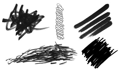 Fototapeta premium Versatile set of dynamic hand-drawn black ink strokes, abstract scribbles, and expressive marker textures for artistic design projects and creative backgrounds