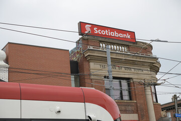 Obraz premium rooftop Scotiabank branch sign at 363 Broadview Av (northeast corner of Gerrard St E), Toronto
