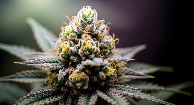 Close up of a cannabis plant in bloom with trichomes and pistils
