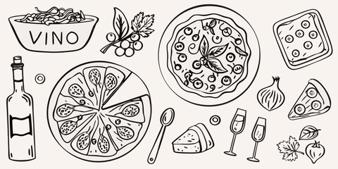 Italian food doodles pizza pasta wine and various culinary elements