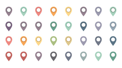 Extensive set of multicolored map pins and location marker icons for digital maps and navigation applications.