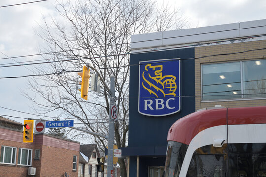 corporate logo sign outside RBC Royal Bank branch at 1011 Gerrard St E, Toronto