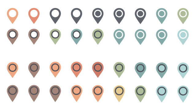Collection of colorful map pin icons and location marker symbols in various shades for navigation and geography apps.