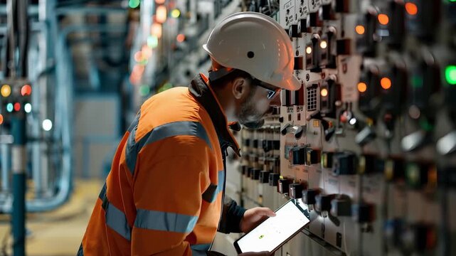 Electrical engineer monitoring a control panel with a tablet