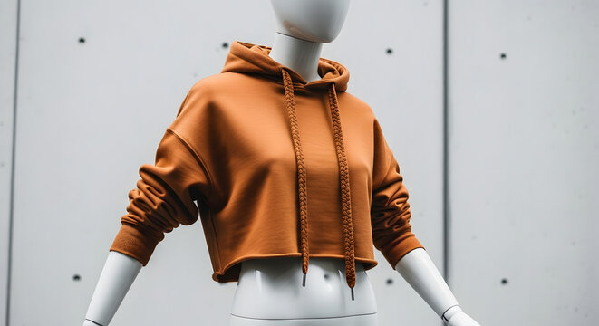 Stylish cropped orange hoodie displayed on a modern mannequin against a minimalist background, showcasing contemporary casual fashion apparel for retail and design concepts
