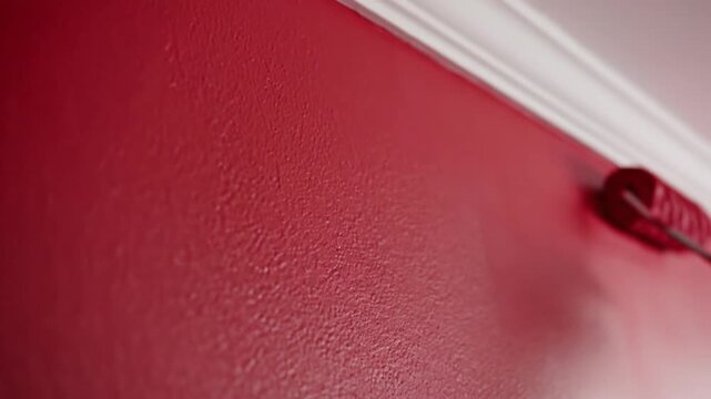Paint roller applying textured red paint to a wall surface