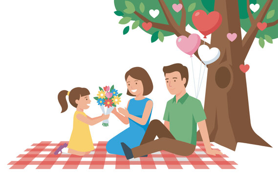 Happy family celebrates a special moment together as their daughter gives a beautiful bouquet of flowers to her mother.