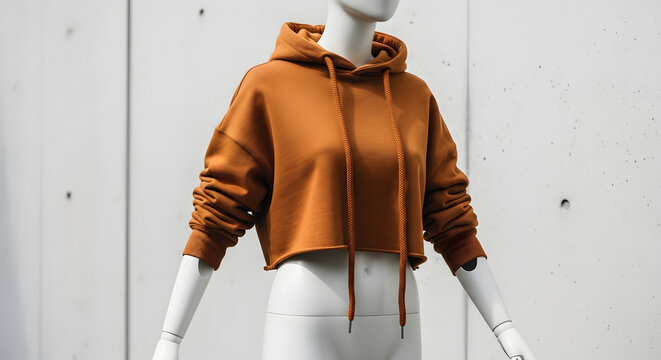 Cropped orange hoodie with drawstrings, presented on a white mannequin against a minimalist concrete background, studio shot